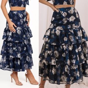 Petal + Pup Skirt Olivia Floral Tiered Layered Navy Blue Sz Small Flirty Ruffles